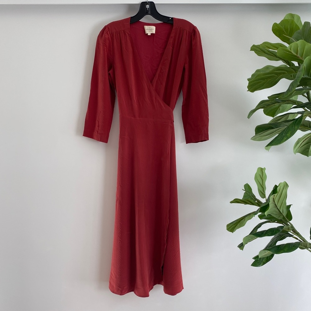 Sezane Dress Womens 4 UK 34 Red Apolline Classic Fit Flare Wrap Tie Belt Midi